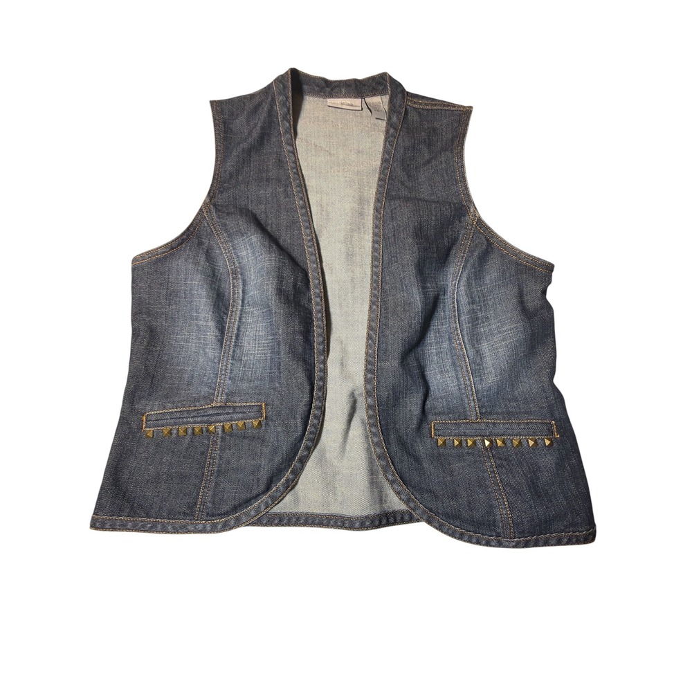 Vintage Chico's Platinum Denim Vest Sz 1 Studded Open Front Cinch Back Western